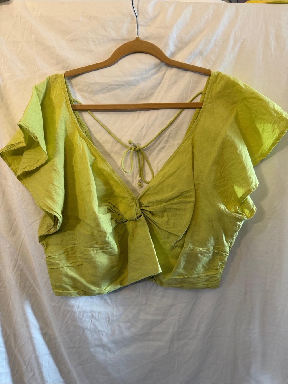 Anthropologie Lime Green Tie-Front Flutter Crop Top